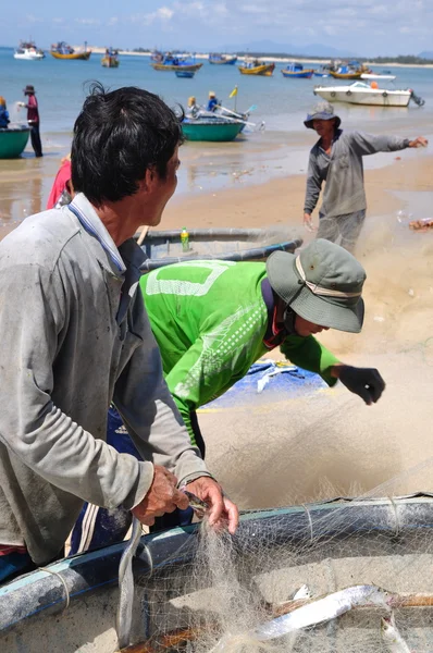 Lagi, Vietnam - February 26, 2012: Local fishermen are removing fishes from their fishing nets in the Lagi beach — Stock Photo, Image