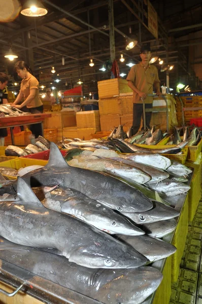 Хошимін, В'єтнам - 28 листопада 2013: Акул чекають на придбання на ринку морепродукти оптом ніч Binh Дьєн, найбільшим в Хошимін, В'єтнам — стокове фото