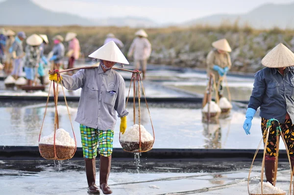 Ninh Hoa, Vietnam - 2 marzo 2012: Le donne vietnamite stanno gravando duramente per raccogliere il sale dai campi di estrazione ai campi di stoccaggio — Foto Stock