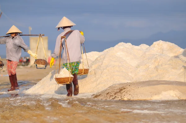 Ninh Hoa, Vietnam - March 2, 2012: Vietnamese women are burdening hard to collect salt from the extract fields to the storage fields — Stock Photo, Image