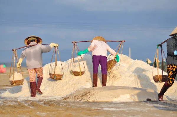 Ninh Hoa, Vietnã - 2 de março de 2012: Mulheres vietnamitas estão sobrecarregando duro para coletar sal dos campos de extração para os campos de armazenamento — Fotografia de Stock