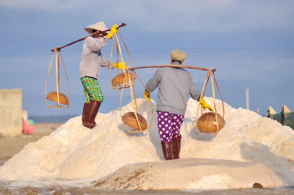 Ninh Hoa, Vietnam - March 2, 2012: Vietnamese women are burdening hard to collect salt from the extract fields to the storage fields — Stock Photo, Image