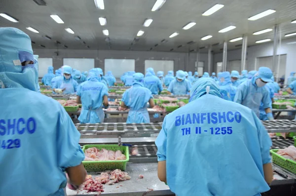 Can tho, 越南-2011年7月1日: 工人们正在越南湄公河三角洲的一家海鲜工厂里捕捞穿山甲鱼 — 图库照片