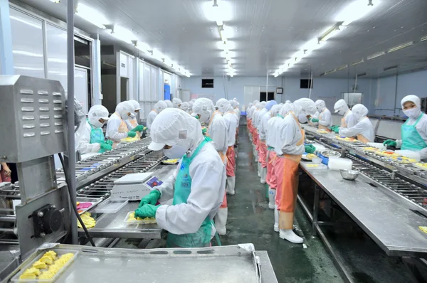 Ho Chi Minh kota, Vietnam - 3 Oktober 2011: Pekerja bekerja keras pada lini produksi di sebuah pabrik makanan laut di Ho Chi Minh kota, Vietnam — Stok Foto