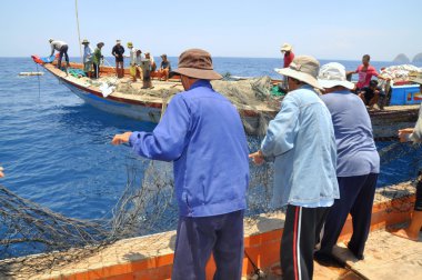 Nha Trang, Vietnam - 5 Mayıs 2012: Balıkçılar ton balığı, deniz Nha Trang Vietnam'da defne için trol