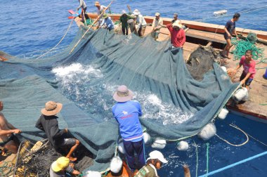 Nha Trang, Vietnam - 5 Mayıs 2012: Balıkçılar ton balığı, deniz Nha Trang Vietnam'da defne için trol