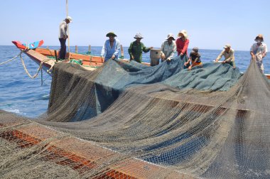 Nha Trang, Vietnam - 5 Mayıs 2012: Balıkçılar ton balığı, deniz Nha Trang Vietnam'da defne için trol