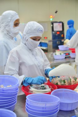 Vung Tau, Vietnam - 9 Aralık 2014: İşçi ambalaj içinde bir deniz ürünleri fabrikası Vietnam verme ürünüdür