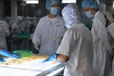 Phan Thiet, Vietnam - 11 Aralık 2014: İşçi Vietnam bir deniz ürünleri fabrikasında dışa aktarmak için mürekkep rengini test ediyoruz