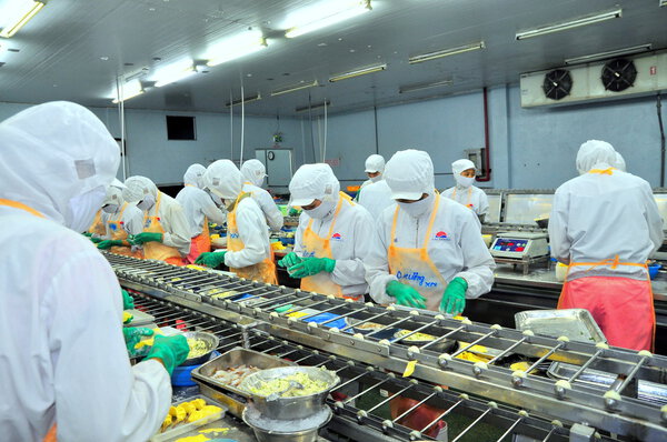 Ho Chi Minh city, Vietnam - October 3, 2011: Workers are working hard on a production line in a seafood factory in Ho Chi Minh city, Vietnam