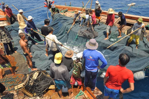 Nha Trang, Vietnam - 5 Mayıs 2012: Balıkçılar ton balığı, deniz Nha Trang Vietnam'da defne için trol