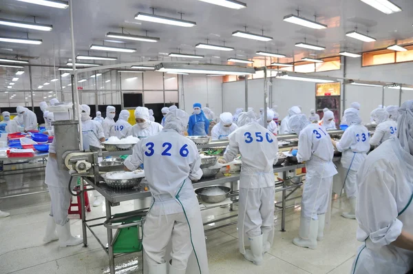 Vung Tau, Vietnam - 9 dicembre 2014: I lavoratori classificano il polpo per l'esportazione in una fabbrica di trasformazione dei prodotti ittici — Foto Stock