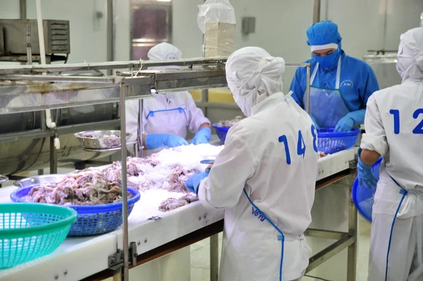 Vung Tau, Vietnam - 9 de diciembre de 2014: Los trabajadores clasifican el pulpo para exportar en una fábrica de procesamiento de mariscos — Foto de Stock