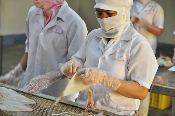 Phan Thiet, Vietnam - 11. prosince 2014: Zaměstnanci jsou loupání suché olihně pro export v továrně na mořské plody ve Vietnamu — Stock fotografie