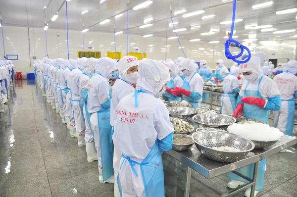 Phan Rang, Vietnam - 29 prosince 2014: Zaměstnanci jsou loupání a zpracování čerstvé syrové krevety v továrně na mořské plody ve Vietnamu — Stock fotografie