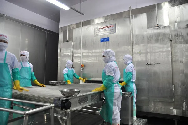 Phan Rang, Vietnam - December 29, 2014: Workers are arranging shrimps in a line to the freezing machine in a seafood factory in Vietnam — Stock Photo, Image