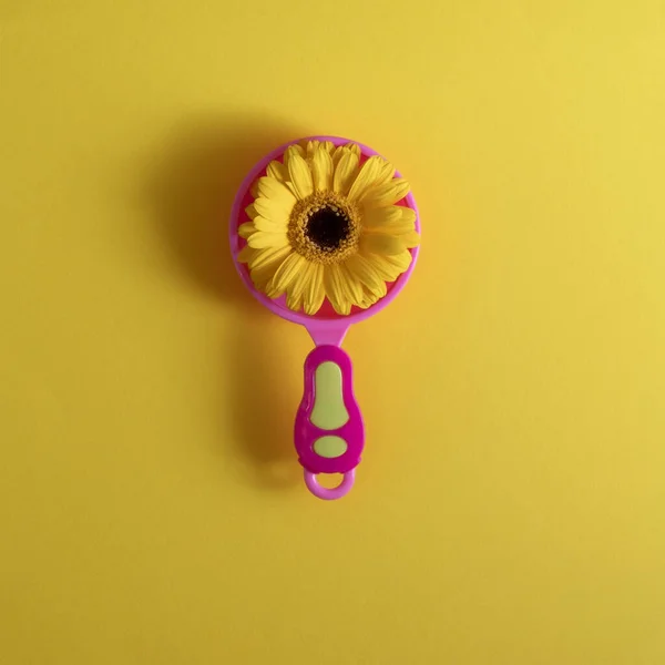 Sarı arka planda pembe bir saksıda sarı çiçek. Minimum düzlük