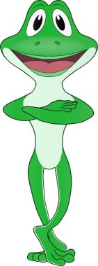 Güneşli bir günü karşılayan sevimli bir kurbağanın çizgi film çizimi.