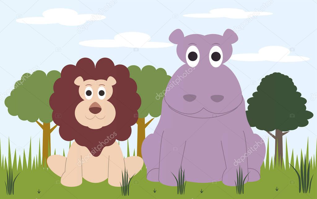 A lion and a hippopotamus make friends as friends in the African savanna