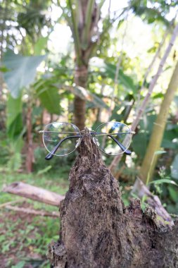 Eski ahşap üzerine gümüş gözlük çerçevesi. Ön taraftaki fotoğrafta yuvarlak camlar ve arka tarafta doğal bir manzara var.