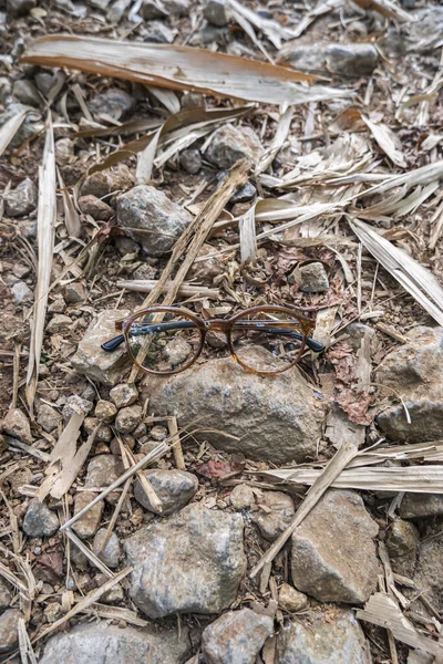 Hnědé Kulaté Brýle Kameni Kulaté Brýle Fotografii Shora Přírodní Krajinou — Stock fotografie