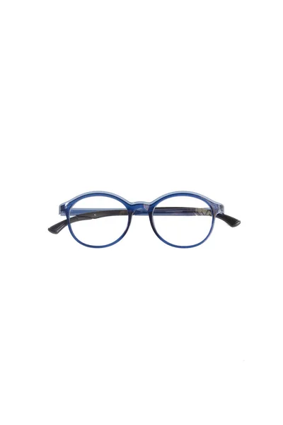 Γυαλιά Απομόνωσης Λευκό Φόντο Στρογγυλά Πλαίσια Γυαλιών Γυαλιστερές Μπλε Κλειδαριές — Φωτογραφία Αρχείου