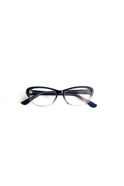 Átlátszó Kék Macskaszemű Női Szemüveg Fényképezett Elölről Ellen Egy Fehér — Stock Fotó