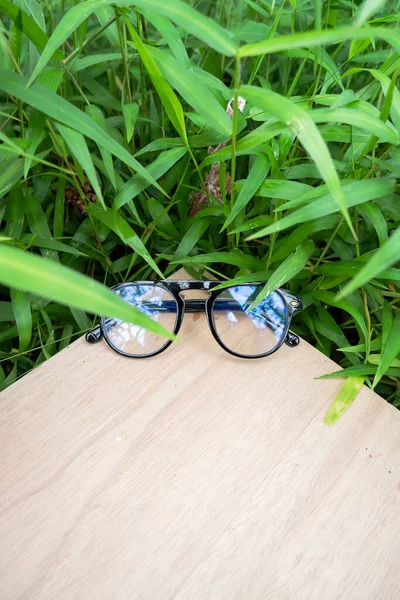 Schwarze Ovale Brille Vor Dem Hintergrund Von Holzplanken Und Grünem — Stockfoto