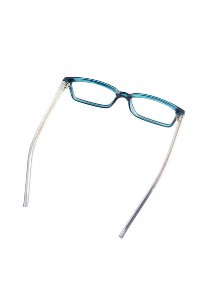 白い背景に隔離された側からの写真の濃い青の四角形の眼鏡フレーム — ストック写真