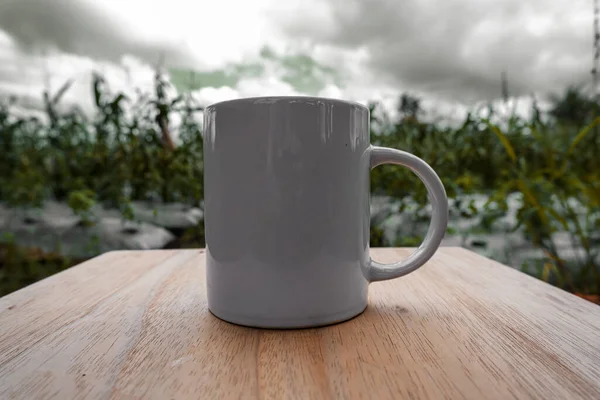 Vista Fazenda Milho Com Caneca Frente Caneca Mockup Com Cenário — Fotografia de Stock