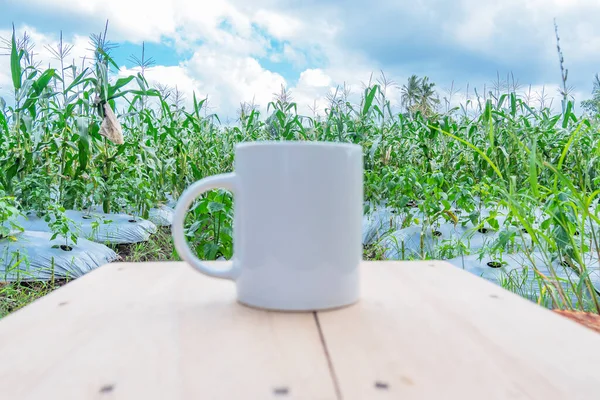 目の前にマグカップとコーンファームビュー 自然景観を背景にしたマグカップモックアップ — ストック写真