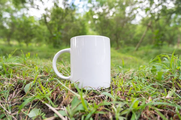 white coffee mug on the grass. Mug mockup on grass in garden. White mug isolated on grass background. nature coffee mug