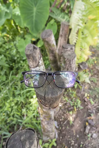 Kacamata Model Kotak Atas Kayu Dengan Latar Belakang Alam — Stockfoto