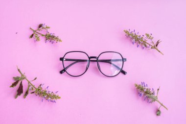 Pastel pembe kağıtta şeffaf pembe gözlük. Çiçek aksesuarlı.