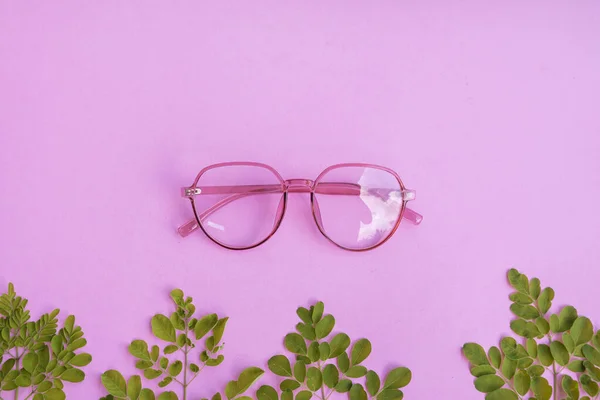 Pastel Pembe Kağıt Arka Planda Yeşil Yapraklı Şeffaf Pembe Gözlükler — Stok fotoğraf