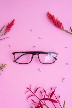 Bardaklar, kırmızı çiçekler, pastel pembe arka plan. Yaz Konsepti, Asgari Konsept