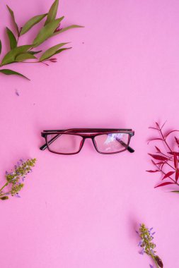 Resimde kare gözlük var. Minimum yaz tarzında. Pastel pembe arka planda.