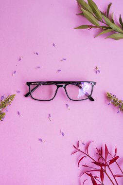 Resimde kare gözlük var. Minimum yaz tarzında. Pastel pembe arka planda.