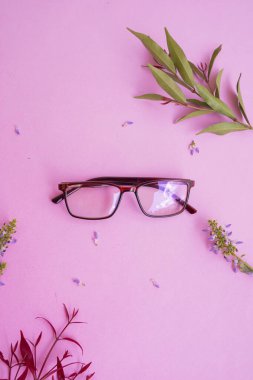Resimde kare gözlük var. Minimum yaz tarzında. Pastel pembe arka planda.