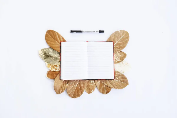 Minimalist Concept. dry leaves, book and pen on white background. Autumn, autumn concept. Flat lay, top view, copy spac