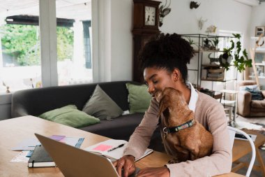 Modern mutfakta kucağında oturan sevimli köpek yavrusu yüzünden dikkati dağılan bir kız öğrenci..
