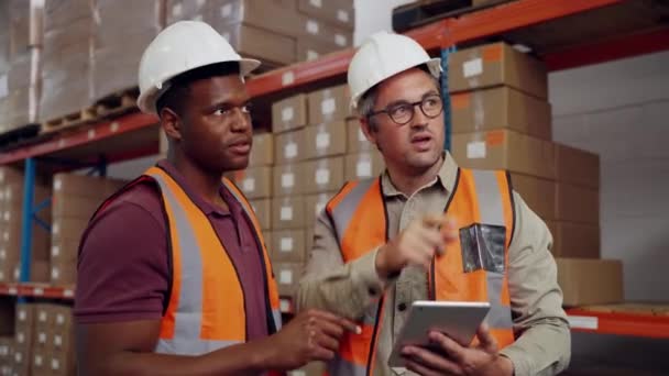 창고 공장에 서 있는 소포 배달 과정을 점검하는 동료들 — 비디오