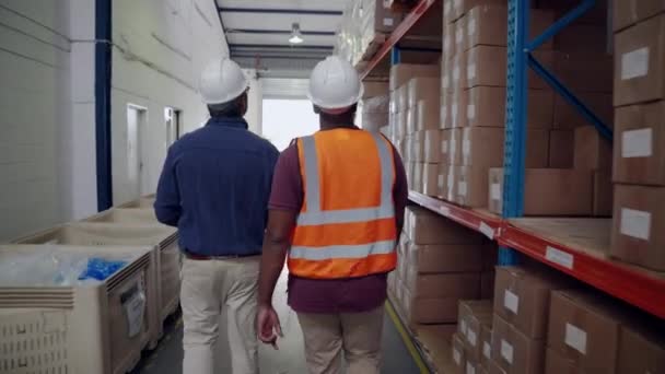 Manager en werknemer lopen door isle dubbele controle bestelling van verpakte pakketten in fabriek magazijn — Stockvideo