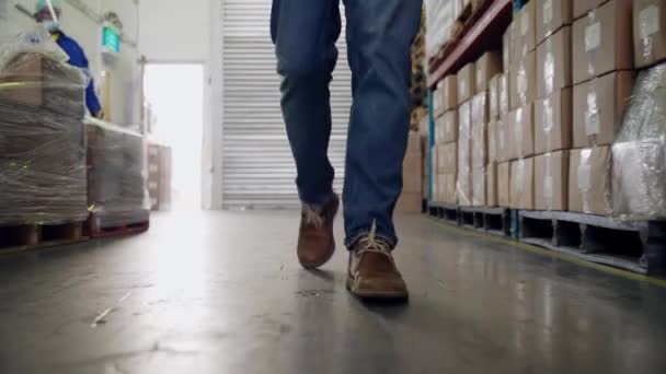 Бизнесмен целенаправленно прогуливается по острову в заводском магазине, проверяя пакеты на доставку. — стоковое видео
