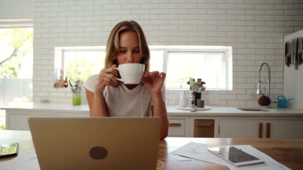 Caucasiano feminino bebendo café na cozinha interagindo em videochamada com colegas — Vídeo de Stock