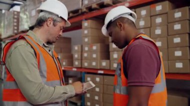 İş arkadaşları dijital tablet işine bakıyor. Fabrika deposunda el sıkışma işi yapıyorlar. 