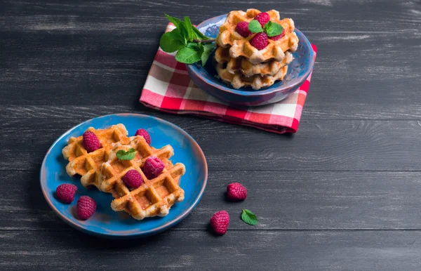 Belgian lush round waffles with fresh raspberries — 스톡 사진