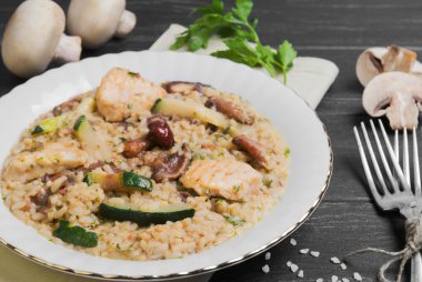 risotto with chicken meat and mushrooms 