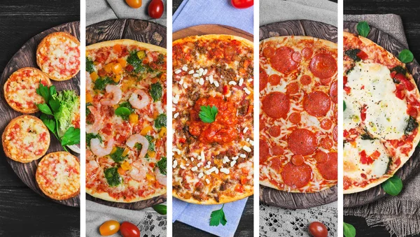 beş farklı çeşit pizza ile kolaj