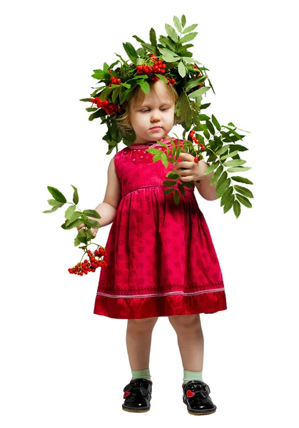 Little Girl rowan twigs and berries — Stock Photo, Image